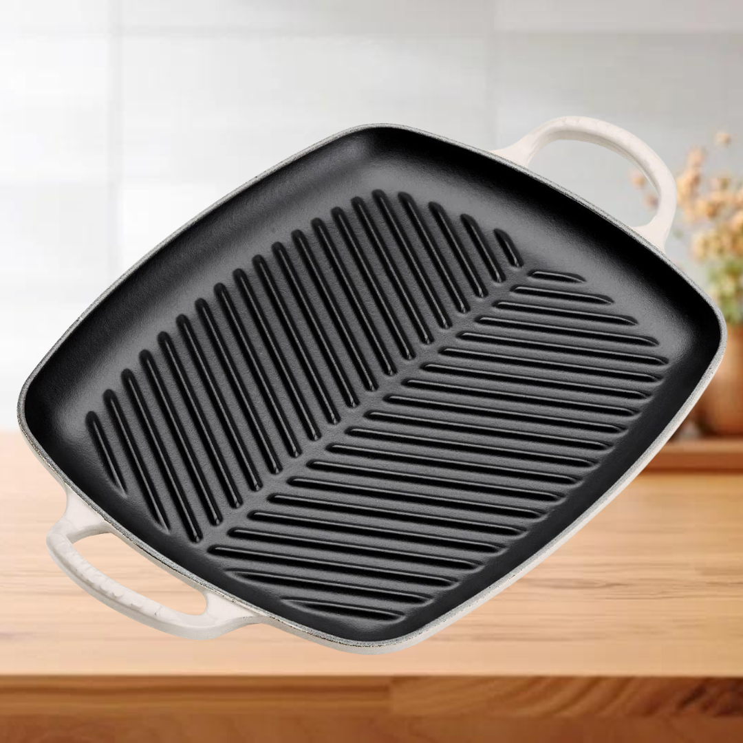 Le Creuset 30cm Shallow Rectangular Grill Signature Cast Iron Meringue