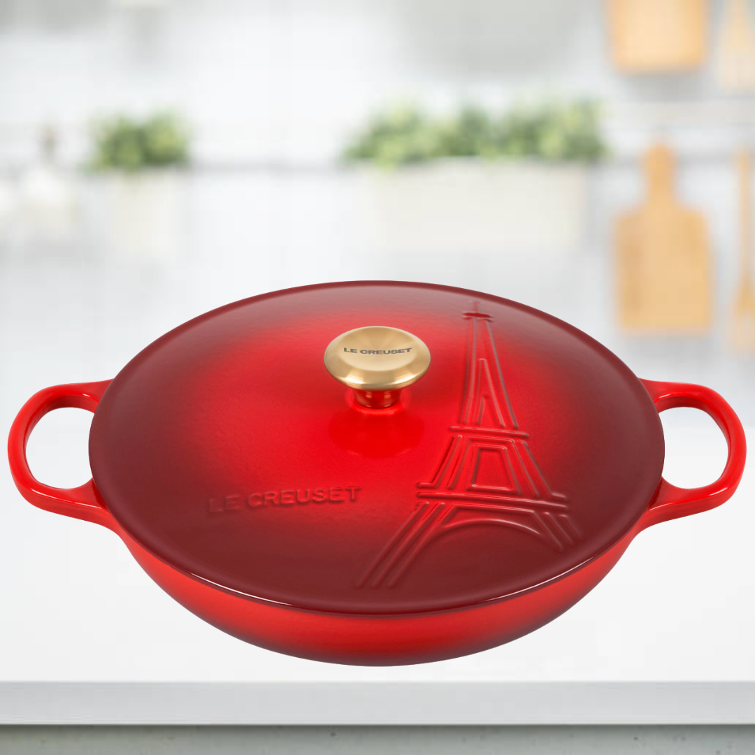Le Creuset 30cm Shallow Casserole Signature Cast Iron Cerise (Limited Edition Eiffel Tower Vive Le France)