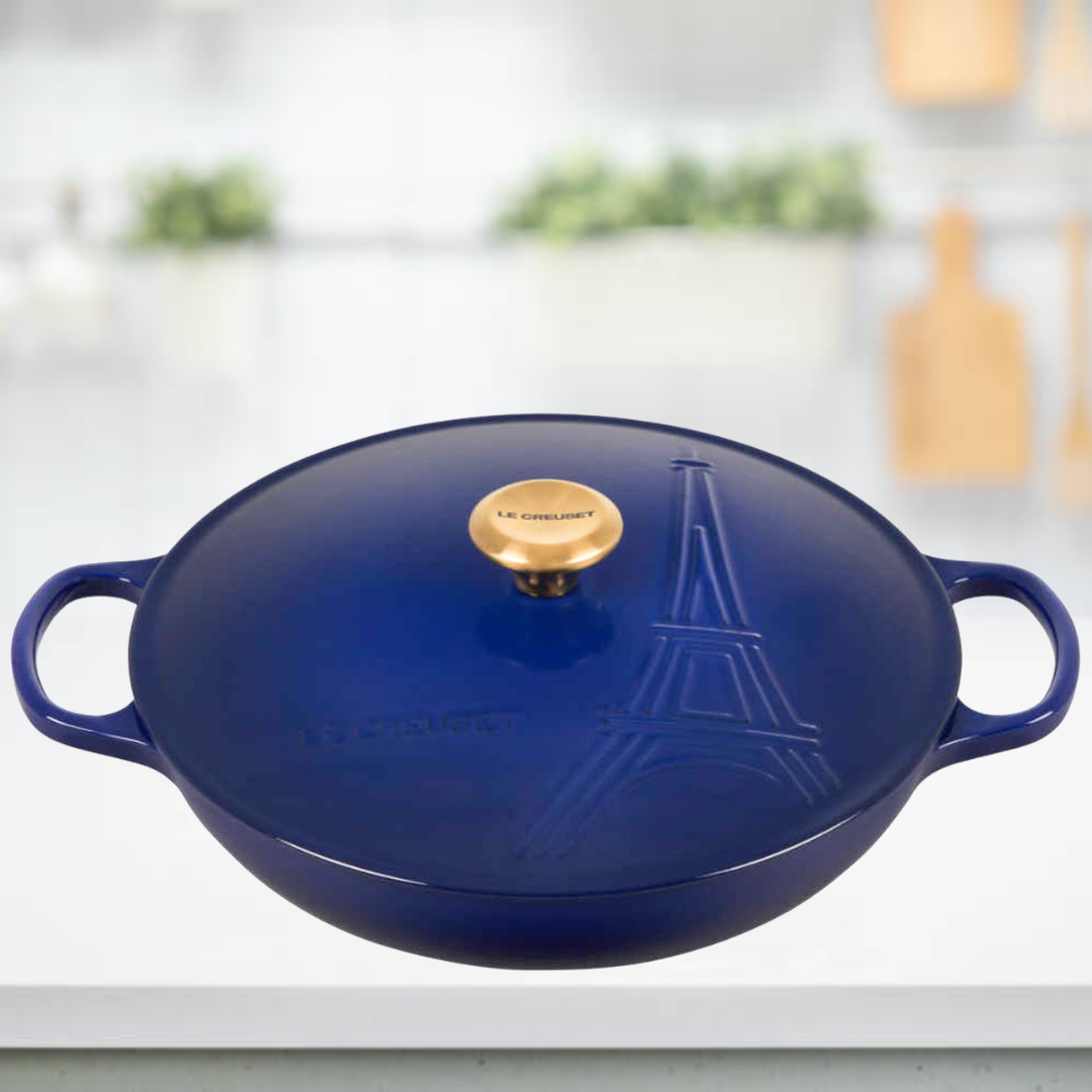 Le Creuset 30cm Shallow Casserole Signature Cast Iron Indigo (Limited Edition Eiffel Tower Vive Le France)