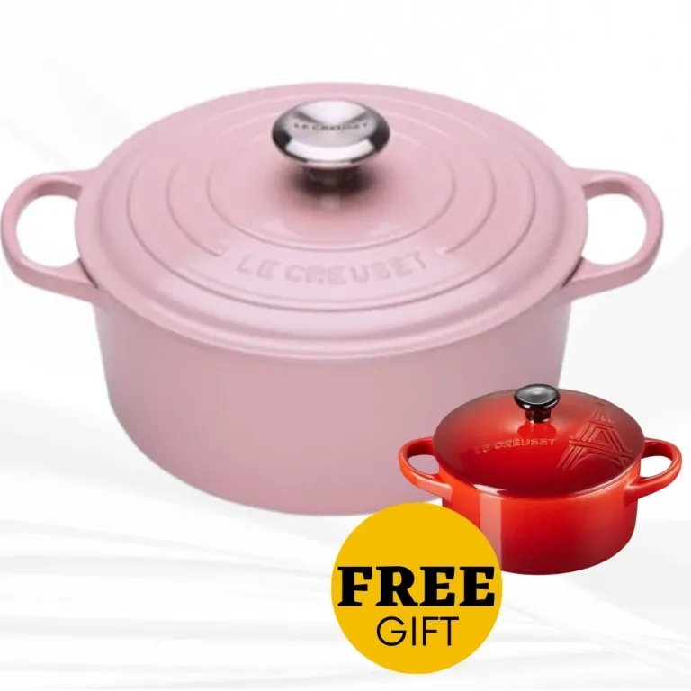 [FREE GIFT] Le Creuset 20cm Round Casserole Signature Cast Iron Chiffon Pink + FREE Le Creuset 10cm Petite Round Casserole Eiffel Tower Paris Cerise