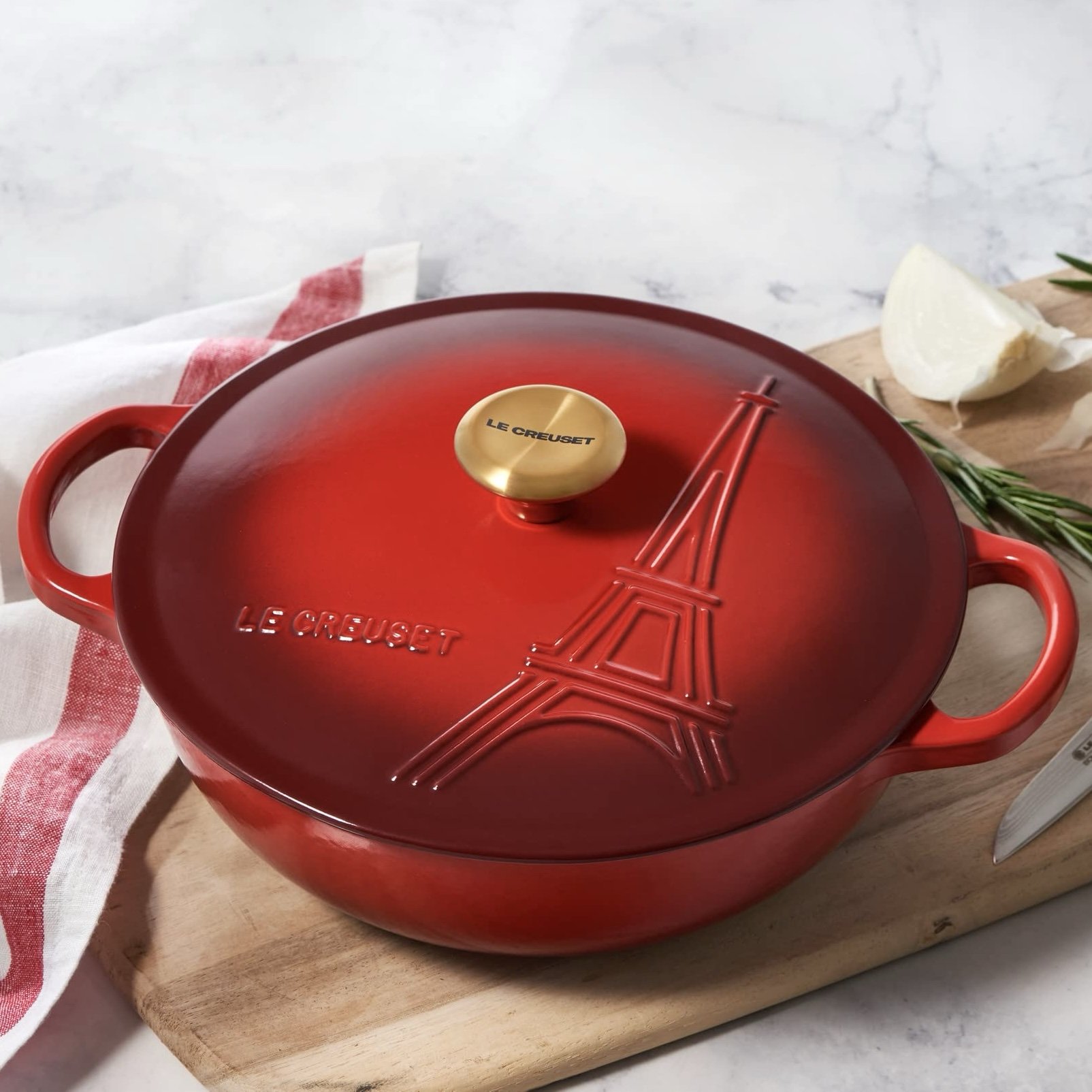 Le Creuset 22cm Stew Pot Signature Cast Iron Cerise (Limited Edition Eiffel Tower Vive Le France)