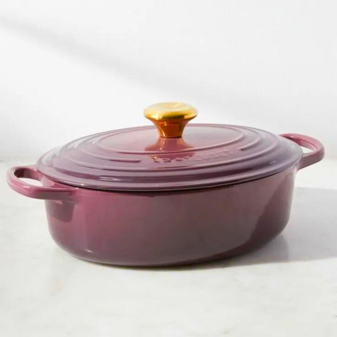 Le Creuset 31cm Oval Casserole Signature Cast Iron Fig with gold knob