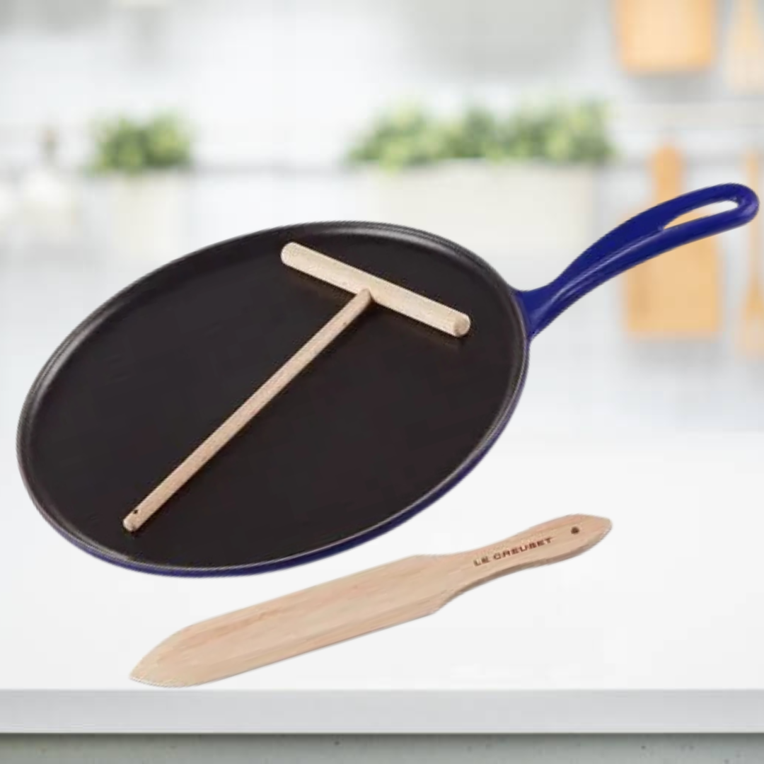 Le Creuset 27cm Crepe Pan Cast Iron Indigo (Limited Edition Eiffel Tower Vive Le France) with wooden spreader and turner