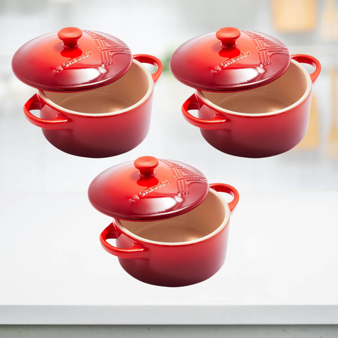 Le Creuset Petite Stoneware Set of 3 Limited Edition Eiffel Tower Paris Cerise