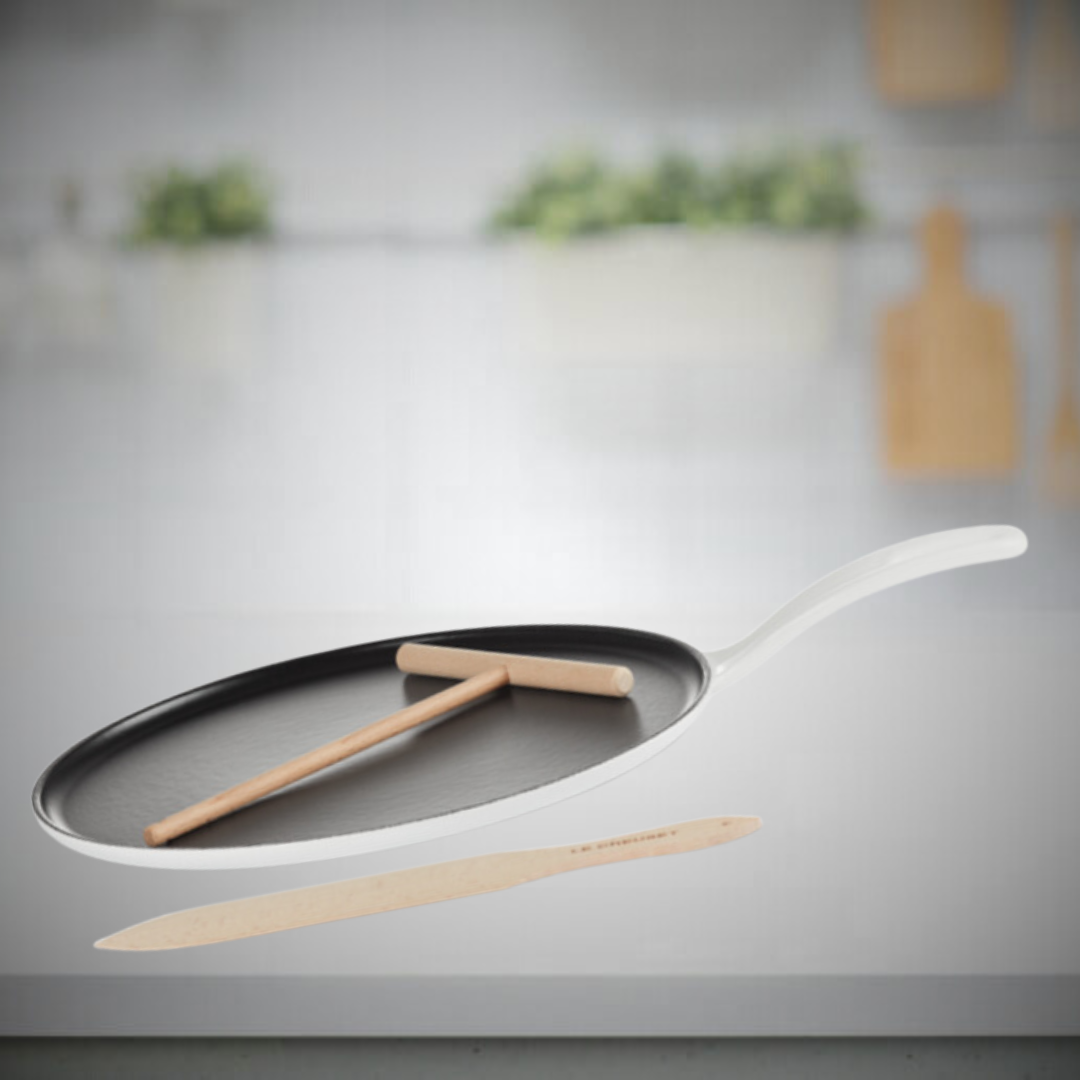 Le Creuset 27cm Crepe Pan Cast Iron Blanc (Limited Edition Eiffel Tower Vive Le France) with wooden spreader and turner